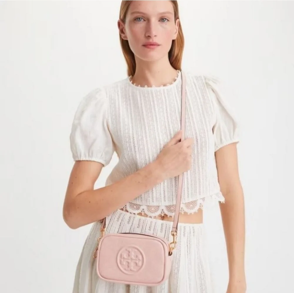 NWT Tory Burch Perry Bombe Mini Leather Crossbody Bag SHELL Pink Enbossed Logo